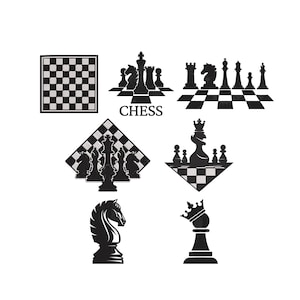 Puede incluir: Una colección de ilustraciones en blanco y negro con temática de ajedrez. La imagen incluye un tablero de ajedrez, piezas de ajedrez y la palabra "CHESS". Las piezas de ajedrez se representan en varias disposiciones y estilos.