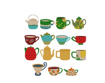 Bordado de tetera y taza, diseño de bordado para cocina, bordado para amantes del té, bordado de juego de té botánico, diseño de bordado a máquina, 6 tamaños