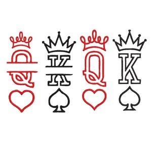 Könnte beinhalten: Gesticktes Design mit Spielkartensymbolen: eine rote Herz-Dame, ein schwarzer Pik-König und ein schwarzer Pik-König. Jedes Kartensymbol ist mit einer Krone versehen. Das Design befindet sich auf weißem Hintergrund.