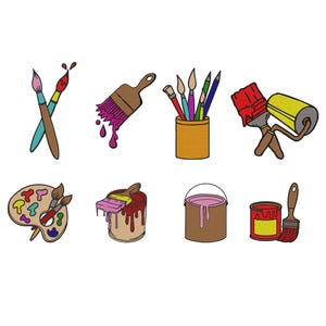 Könnte beinhalten: Eine Sammlung farbenfroher Cartoon-Illustrationen von Kunstbedarf, darunter Pinsel, Farbroller, Farbdosen und eine Palette. Die Kunstutensilien sind in verschiedenen Farben wie Rot, Rosa, Gelb und Braun vor einem weißen Hintergrund dargestellt.