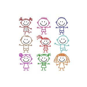 以下が含まれることがあります： 3x3のグリッドに配置された9つのカラフルな棒人間のイラスト。それぞれのキャラクターは、赤、ピンク、青、茶色、ティール、紫、緑、オレンジなど、異なる色で描かれており、独自の髪型や服装をしています。