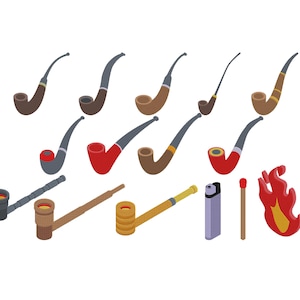 May include: An illustration of various smoking pipes in different colors and designs. The image includes classic curved pipes, a straight pipe, a lighter, a match, and a flame.