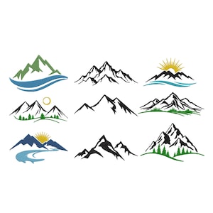 Puede incluir: Una colección de nueve ilustraciones con temática de montañas. Los diseños presentan varias siluetas de montañas, algunas con soles, árboles y elementos de agua. La paleta de colores incluye tonos de verde, azul, amarillo y negro, sobre un fondo blanco.