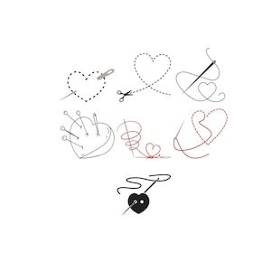 May include: A collection of hand-drawn illustrations related to sewing and crafting. The images include hearts, needles, thread, scissors, and a pin cushion, all in a simple black and red color scheme on a white background. The designs evoke a handmade, DIY aesthetic.