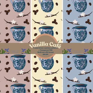 May include: Seamless patterns featuring blue and white mugs, coffee beans, vanilla pods, and flowers on various pastel backgrounds. The text "Vanilla Café" is displayed in a circular design. The patterns are 12x12 inches in size.
