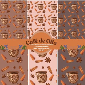 May include: Watercolor seamless patterns featuring a traditional Mexican coffee cup, star anise, and cinnamon sticks. The patterns are in shades of brown, pink, and tan. The text "Café de Olla" is displayed, along with details about the patterns.