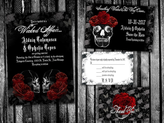 Skulls And Roses Gothic Halloween Wedding Invitation Save The Etsy