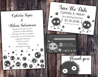 Soot Sprite Wedding Invitation, Save the Date, RSVP, and Thank You Digital File Kit Printable anime susuwatari sootballs