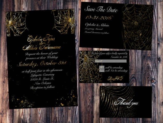 Gold Spiderwebs Gothic Halloween Wedding Invitation Save The Etsy