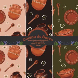 May include: Digital art featuring three seamless patterns with terracotta pottery, spoons, and plates. The patterns include a light pink, dark brown, and olive green background. The text "Cocina de Barro" is also included.