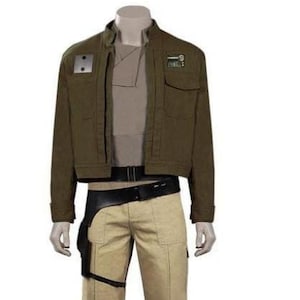 May include: A full costume set on a mannequin. The outfit comprises a dark olive green jacket, a light brown shirt, tan trousers, and a black belt with a holster. The jacket features two small square patches on the chest.