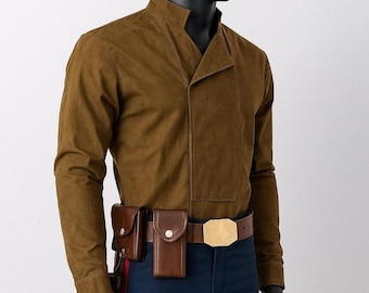 Costume da contrabbandiere di fantascienza da uomo / Camicia spaziale marrone con fondina per cintura multiuso / Vestito da cosplay futuristico per Comic Con e Halloween