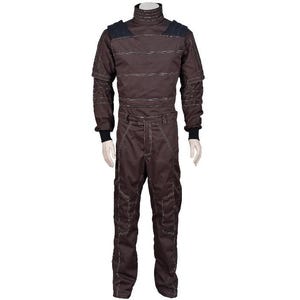 May include: A dark brown long-sleeved jumpsuit featuring a high mock neck collar, structured shoulder panels, and black ribbed cuffs. The garment is detailed with horizontal stitching across the chest and vertical seams along the legs.
