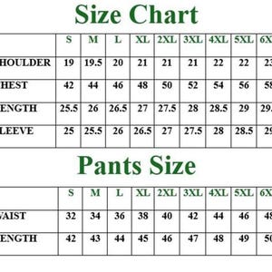 May include: A black and white size chart for clothing featuring two tables. The top table lists shoulder, chest, length, and sleeve measurements for sizes S through 6XL. The bottom table lists waist and length measurements for pants sizes S through 6XL.
