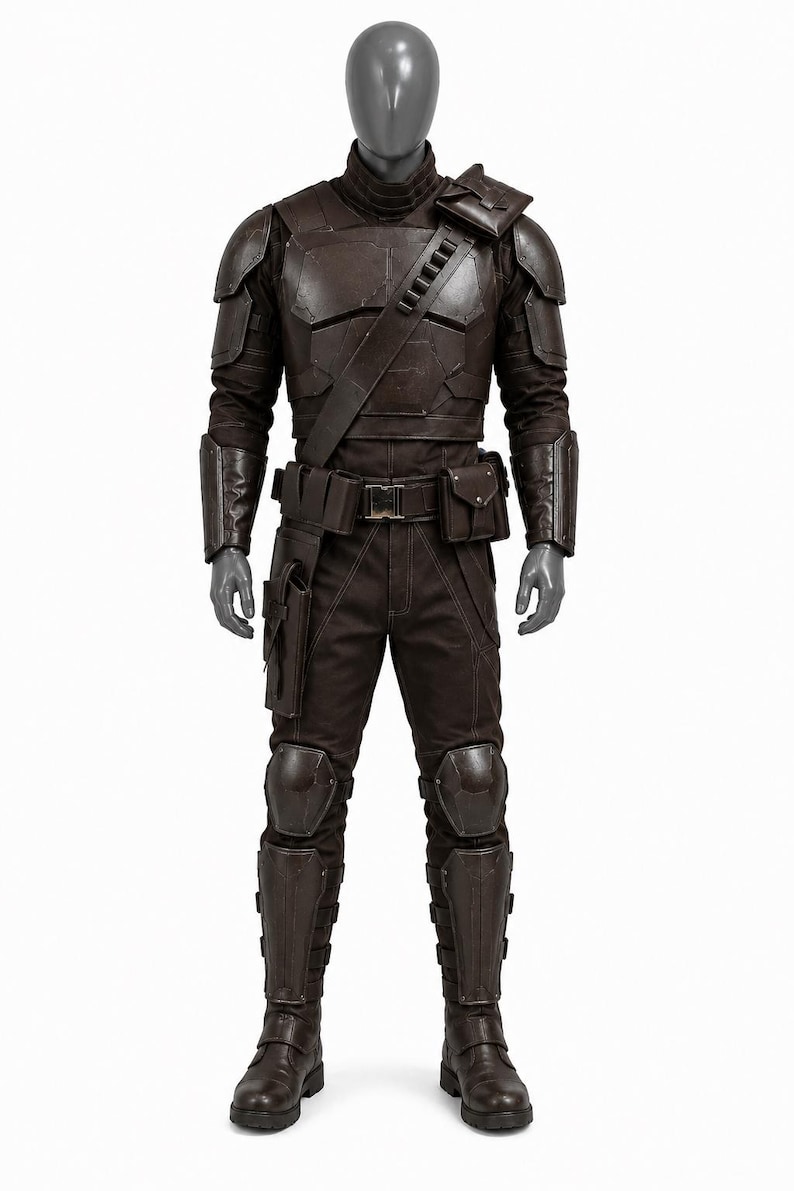 May include: A brown costume with armor plating, a high collar, and a utility belt. The outfit includes a chest plate, shoulder armor, and knee pads. The boots and gloves are also brown. The costume is displayed on a mannequin.