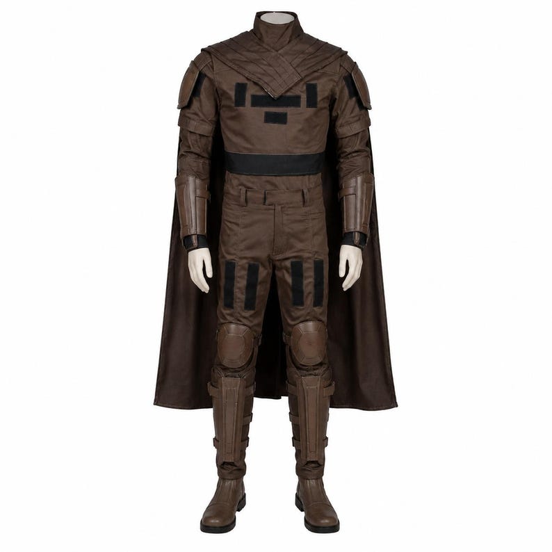 May include: A brown costume with a high collar, shoulder pads, and a cape. The outfit includes a jacket, pants, and boots. Black accents are visible on the chest, waist, and knees. The costume is designed for cosplay or themed events.