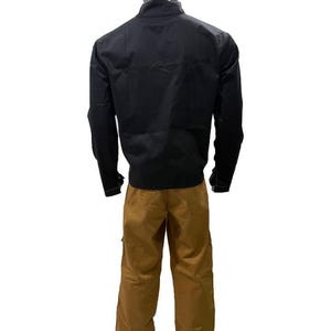 May include: A black jacket and brown trousers outfit on a mannequin. The jacket has long sleeves and a high collar. The trousers are a solid brown colour with visible stitching.