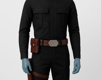 May include: Black jumpsuit with a high collar, two chest pockets, and a brown leather belt with a silver buckle. The outfit includes a brown leather holster and a matching pouch. The mannequin has blue gloves.