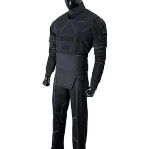 May include: Black tactical suit with white stitching, displayed on a mannequin. The suit includes a long-sleeved top, pants, and a high collar. The design features reinforced panels and a streamlined silhouette, suitable for various activities.