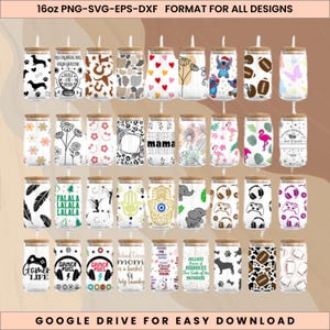 May include: Collection of 16oz glass can designs with bamboo lids. Designs include hearts, flowers, footballs, butterflies, and text. Text includes "My Crystal Ball Says You're Full of Spring", "Mama", and "Gamer Fuel". The text "Google Drive for Easy Download" is also present.