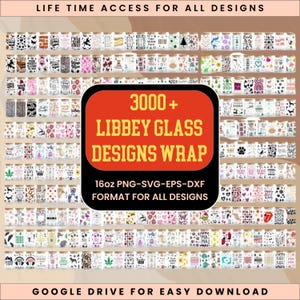 Puede incluir: Una colección de diseños para envolver vasos Libbey, con el texto "3000+ LIBBEY GLASS DESIGNS WRAP" sobre un fondo naranja. La imagen también incluye el texto "16oz PNG-SVG-EPS-DXF FORMAT FOR ALL DESIGNS".