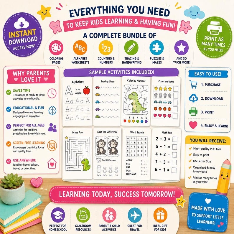Plus de 45 000 pages d'activités imprimables, ensemble d'apprentissage préscolaire, livres de coloriage, feuilles de travail, alphabet, traçage et PDF pour l'école à la maison image 4