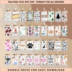 May include: A collection of 16oz glass can designs with bamboo lids. The designs include coffee-themed text, holiday motifs, butterflies, paw prints, and the text "BOSS lady". The text "16oz PNG-SVG-EPS-DXF FORMAT FOR ALL DESIGNS" is at the top.