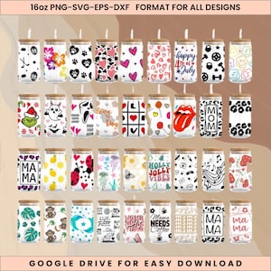 May include: A collection of 30 glass tumblers with bamboo lids, each featuring unique designs. Designs include hearts, flowers, holiday themes, and text like "Happy 4th of July" and "Mama Needs Coffee." The text "16oz PNG-SVG-EPS-DXF FORMAT FOR ALL DESIGNS" is at the top.