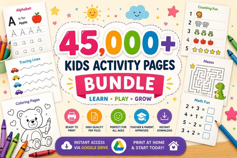 Plus de 45 000 pages d'activités imprimables, ensemble d'apprentissage préscolaire, livres de coloriage, feuilles de travail, alphabet, traçage et PDF pour l'école à la maison image 1
