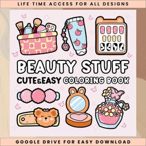 Puede incluir: Ilustración rosa y blanca de productos de belleza, que incluyen brochas de maquillaje, un tubo de loción con melocotones, una polvera y un frasco de perfume. También se muestra el texto "BEAUTY STUFF" y "CUTE&EASY COLORING BOOK".