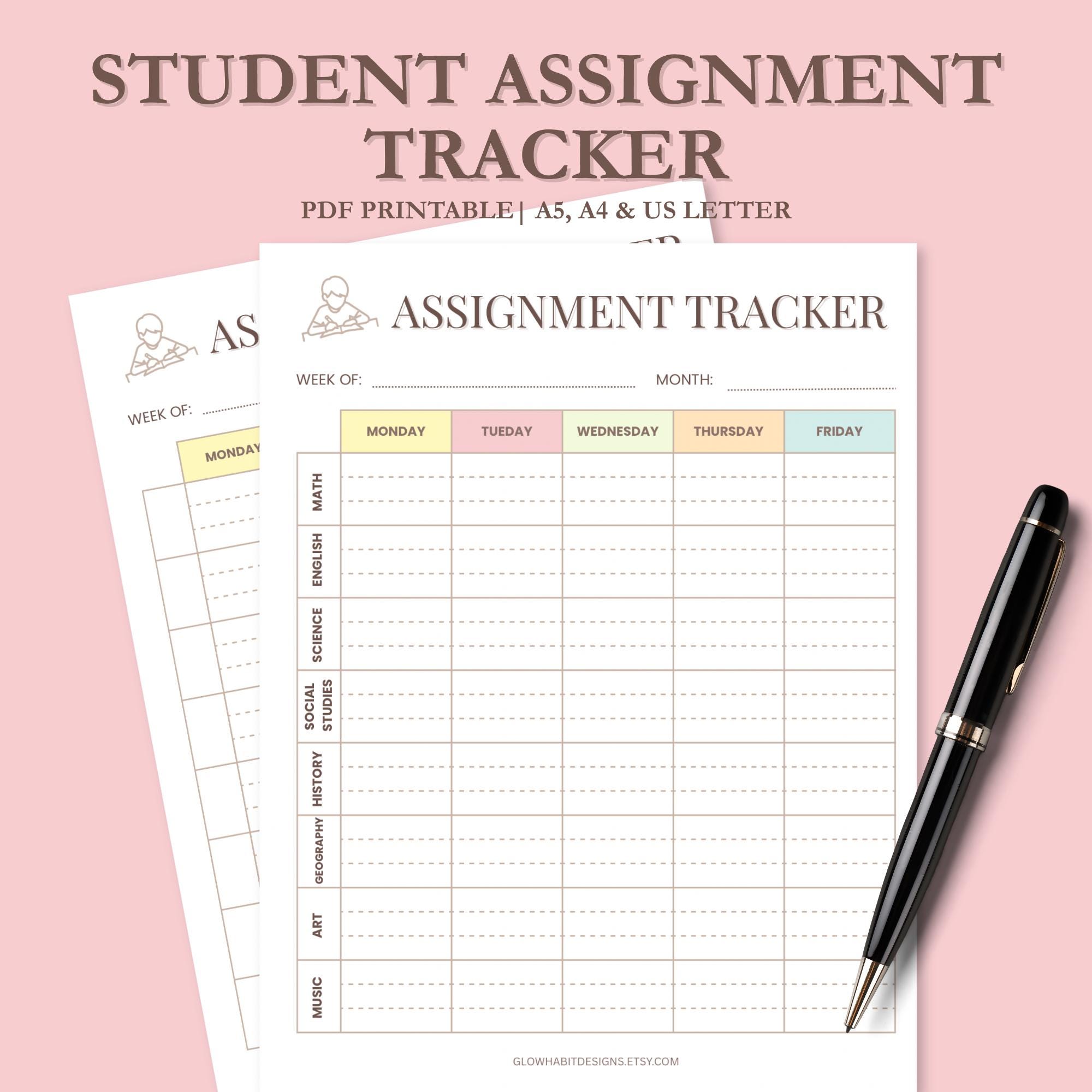 Student Assignment Tracker Printable | Weekly Homework Planner for Kids ...