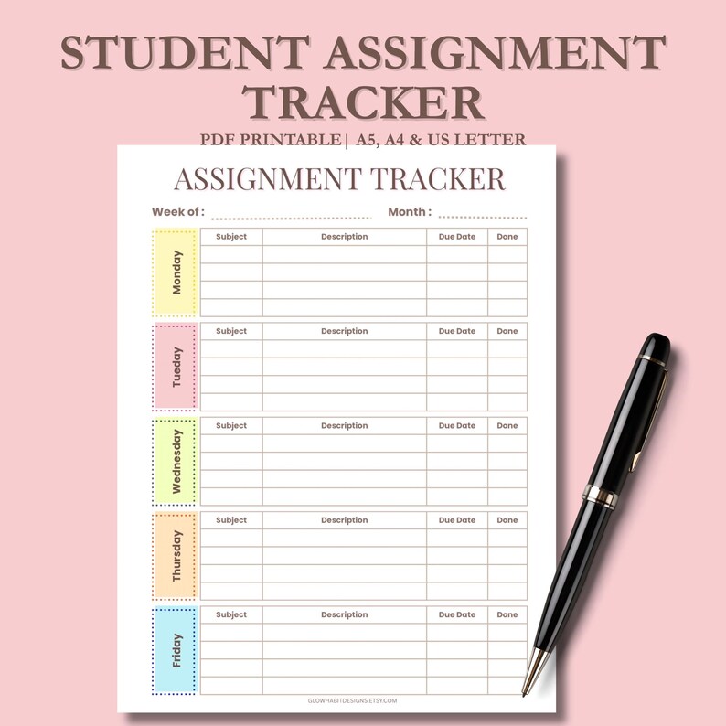 Weekly Assignment Tracker Printable | Student Homework Planner | School ...