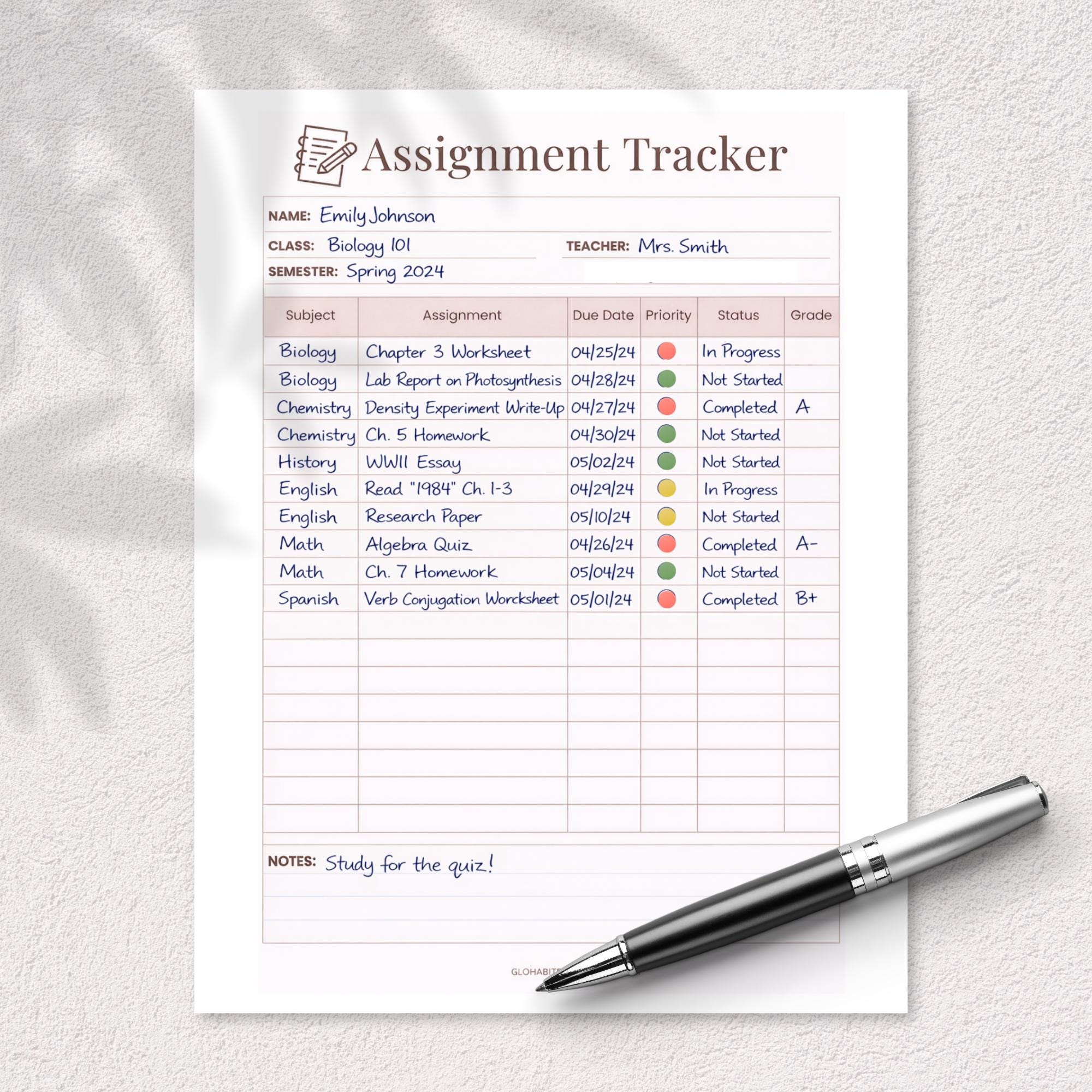 Student Assignment Tracker Printable | Homework Planner Sheet ...