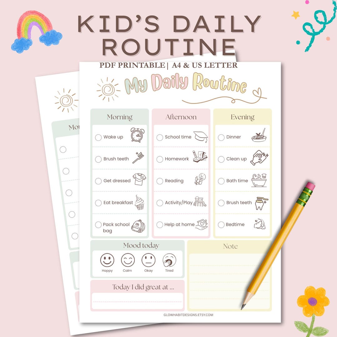 Kids Daily Routine Chart Printable, Morning Afternoon Evening Checklist ...