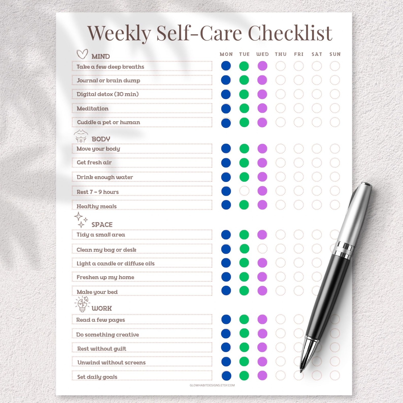 Weekly Self Care Checklist Printable | Minimal Self Care Planner | 7 ...