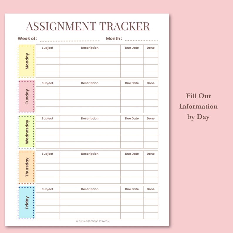Weekly Assignment Tracker Printable | Student Homework Planner | School ...