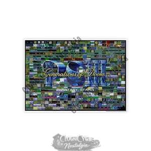 May include: A poster featuring a mosaic of pixelated images, with the title "Generations of Doom" in gold script. The words "Phantasy Star III" are below the title. The background is a collage of colorful game scenes.