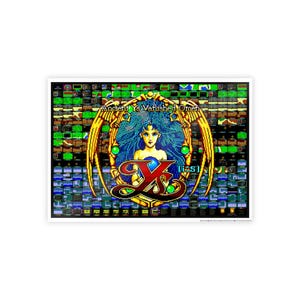May include: A framed print featuring pixel art from the video game "Ys". The artwork depicts a woman with blue hair and a golden emblem with the text "Ancient Ys Vanished Omen". The background is a mosaic of green, brown, and blue squares.
