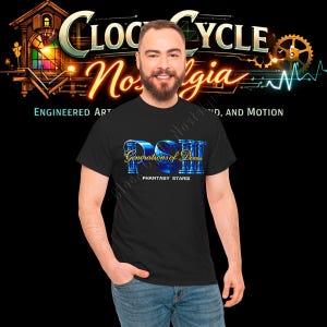 May include: Black t-shirt with the text "PSIII Generations of Doom Phantasy Star III" in blue and gold. The shirt is part of the "Clock Cycle Nostalgia" collection, with additional text and graphics in the background.