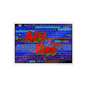 May include: A framed poster featuring the text "ALEX KIDD" in large red letters with a green outline, and "IN MIRACLE WORLD" in smaller white text. The background is a pixelated blue and brown design, reminiscent of a classic video game.
