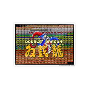 May include: A framed print featuring the Double Dragon arcade game. The artwork showcases a pixelated background with a dragon illustration in red, blue, and white, and Japanese text in gold.