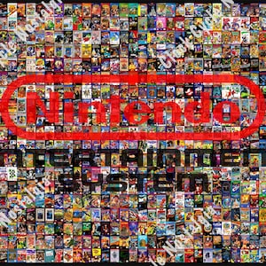 May include: A collage of numerous Nintendo Entertainment System game cartridges, forming a mosaic. A large red Nintendo logo is centered, with "Entertainment System" below. The image is a vibrant display of retro gaming.