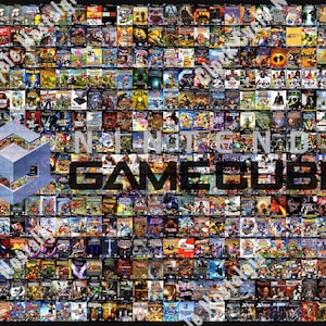 May include: A collage of Nintendo GameCube video game covers. The image features a large collection of game cases, with the Nintendo GameCube logo prominently displayed. The games are arranged in a grid pattern, showcasing a variety of titles.