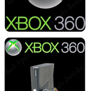 May include: Black background with two images of the Xbox 360 logo and console. The top image features the logo with a green and silver design, and the text "XBOX 360". The bottom image shows the console, controller, and logo.