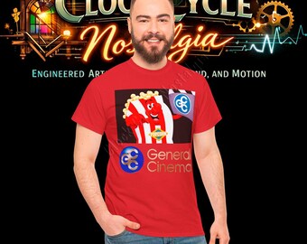 General Cinema T-Shirt - Retro GCC Popcorn Mascot Director Clapperboard Tee