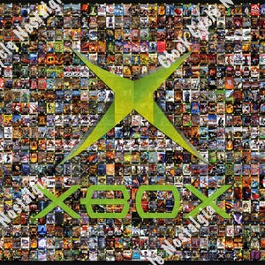 May include: A collage of Xbox game covers forming a background, with a large green Xbox logo and the word "XBOX" in green. The image is a vibrant collection of various game titles, showcasing a variety of game genres and styles.