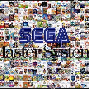 May include: A collage of Sega Master System game boxes. The Sega logo is in blue, with the words "Master System" below. The game boxes are arranged in a grid, showcasing various game titles with colorful artwork.