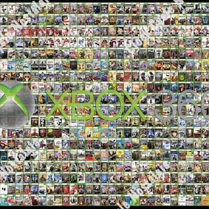 May include: A collage of Xbox 360 game cases, featuring a large Xbox logo and the text "XBOX 360" in green. The game cases are arranged in a grid pattern, showcasing a variety of game titles and cover art.