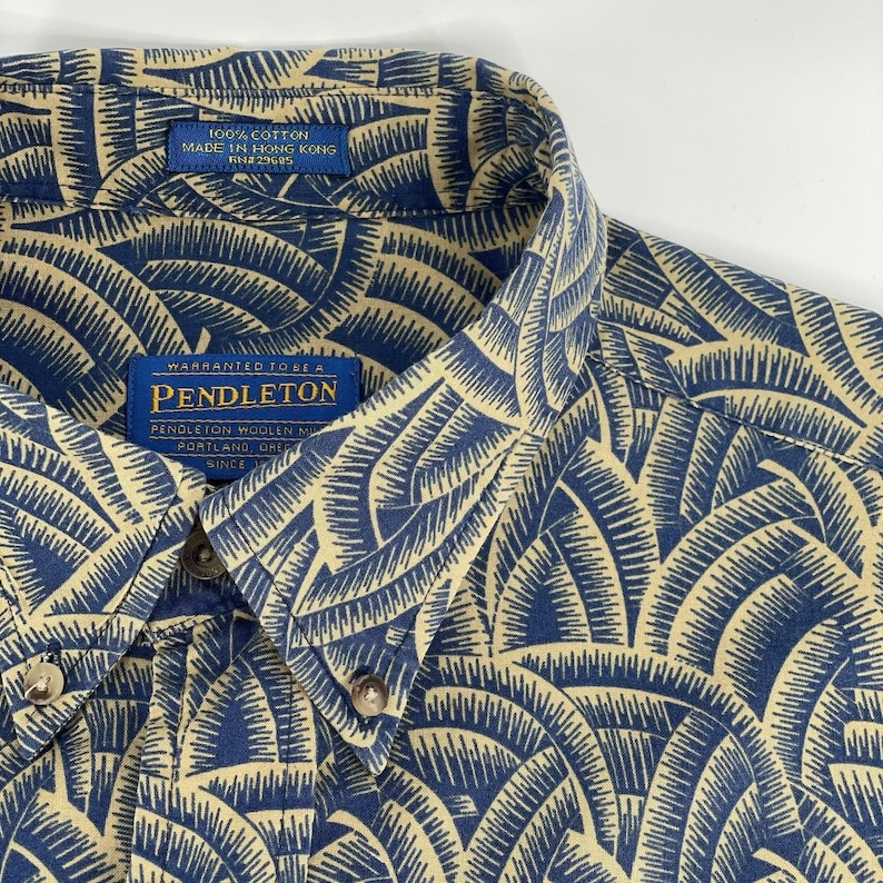 Pendleton Vintage Shirt Herren L Tan Blau Tropical Print Kurzarm Baumwolle USA Bild 9