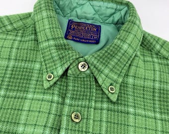 Camicia di lana Pendleton da donna, taglia M, a maniche corte, a quadri verdi, con bottoni, stile vintage